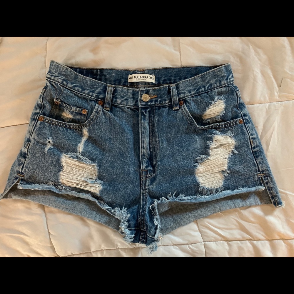 High Rise Distressed Denim Shorts